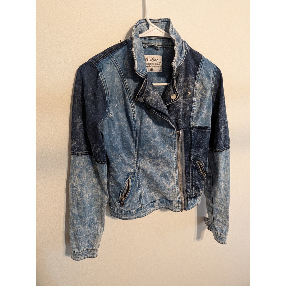 Chillin Acid Wash Denim Moto Jacket Two Tone Asymmetrical Zip Blue XS